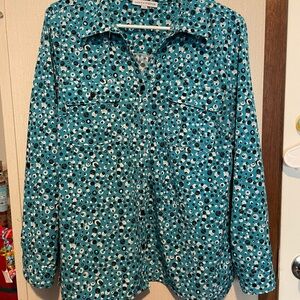 Notations Turquoise and Black Patterned Long Sleeved Button Up Blouse